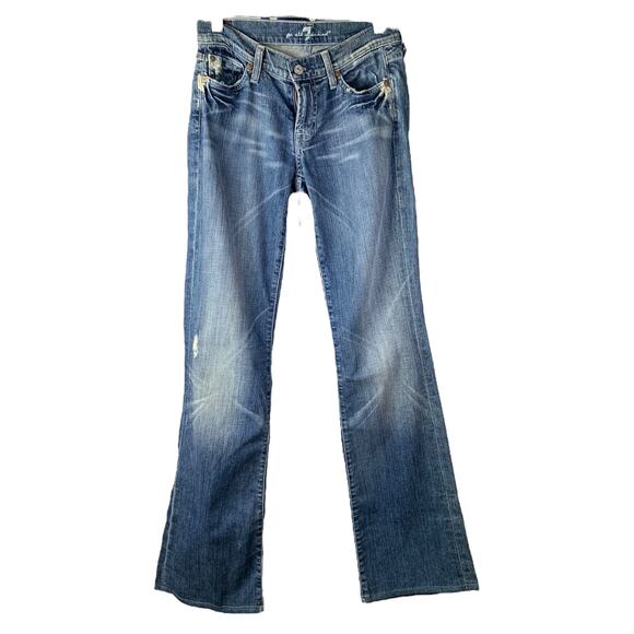7 For All Mankind Dojo Jeans Womens Sz 27 Blue Flare Wide Leg Bootcut Dark Wash - Picture 1 of 9